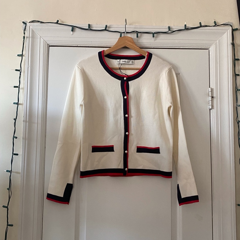 NWT Zara Knit Ivory and Red Trim Cardigan